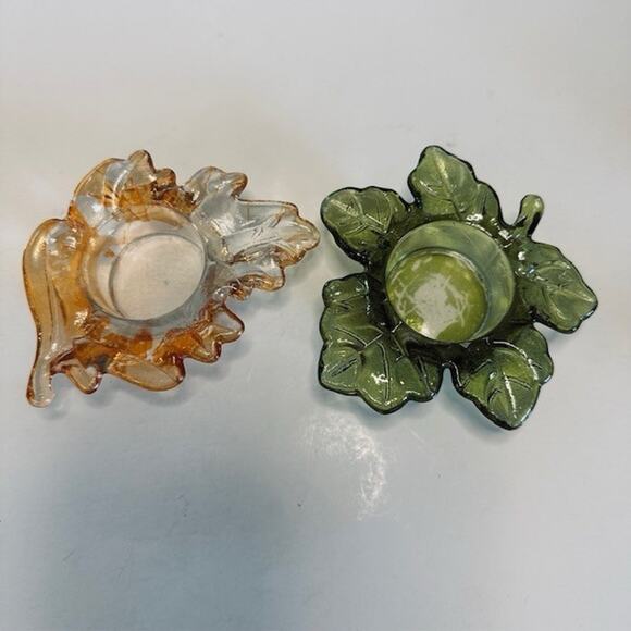 Vintage Maple Leaf Green & Orange Glass Votive Tea Light Candle Holder Set - Picture 4 of 12